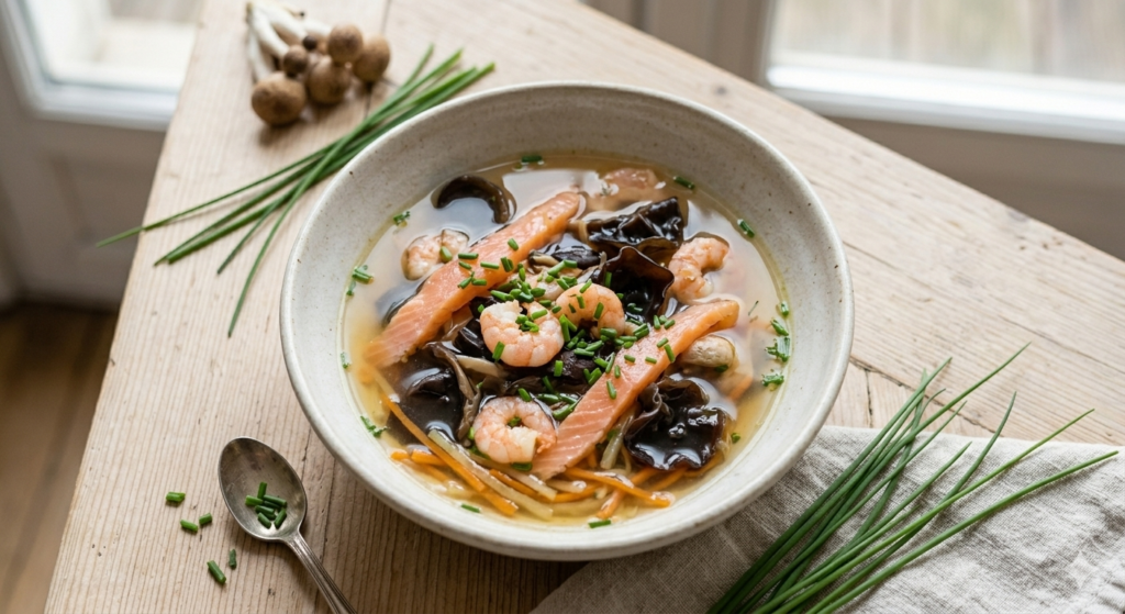 Consommé léger au saumon fumé, crevettes et ciboulette fraîche - Recette minceur dietplus Conflans Herblay et vernouillet